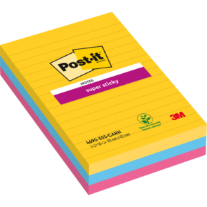 Foglietti Post-it® Super Sticky Notes a righe - Formato XXL - Rio - 100x152 mm (conf.3 blocchetti da 90 fogli Giallo oro, fucsia, Blu mediterraneo)