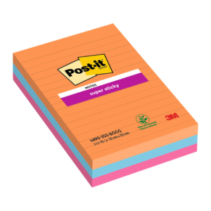 Foglietti Post-it® Super Sticky Notes a righe - Formato XXL - Bangkok - 100x152 mm (conf.3 blocchetti da 90 fogli Arancio, Blu, Rosa)