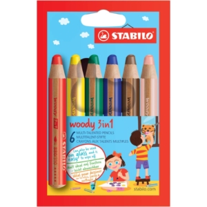 Matite colorate Stabilo Woody 3 in 1 punta larga - Colori Assortiti astuccio di cartone - Ømina 10,0 mm (conf.6 pezzi + 1 temperino)