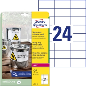 Etichette in poliestere Avery - laser - Bianco - 70x37 mm - 24 etichette per foglio - L4718-20 (conf.20 fogli)