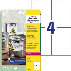 Etichette in poliestere Avery - laser - Bianco - 105x148 mm - 4 etichette per foglio - L4719-20 (conf.20 fogli)