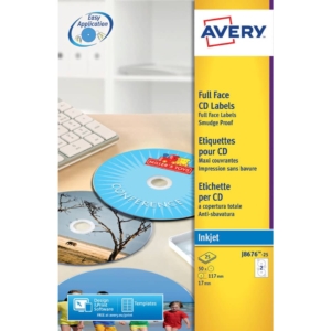 Etichette Full-Face CD Avery per stampanti Ink-jet - Bianco patinate opaco - Ø117 mm - etichette per foglio - 25 fogli - J8676-25 (conf.50 etichette)