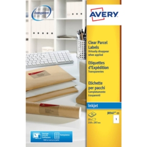 Etichette Trasparenti QuickPEEL™ Avery in poliestere - Ink-jet - 210x297 mm - 1 etichetta per foglio - J8567-25 (conf.25 fogli)