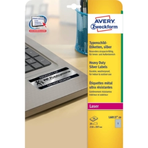 Etichette poliestere Argento per stampanti laser Avery - 210x297 mm - laser monocolore - 20 fogli (20 etichette)