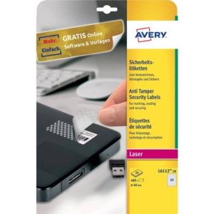 Etichette anti-manomissione Bianche per stampanti laser Avery in poliestere - Ø40 mm - 24 etichette per foglio - 20 fogli - L6112-20 (480 etichette)