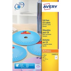 Etichette Full-Face CD Avery per stampanti Laser - Bianco finitura coprente Ø117 mm - 2 etichette per foglio - 25 fogli - L7676-25 (conf.50 etichette)
