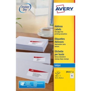 Etichette Bianche QuickDry per indirizzi Avery - 63,5x46,6 mm - 18 etichette per foglio - J8161-25 (conf.25 fogli)
