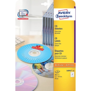 Etichette Classiche CD Avery per stampanti Laser ed Ink-jet - Bianco - Ø117 mm - 2 etichette per foglio - 25 fogli - L6043-25 (conf.50 etichette)