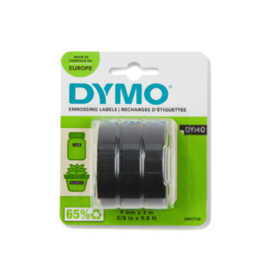 Nastri a rilievo per etichettatrici Dymo vinile Omega e Junior - 9 mm x 3 m - Nero (blister da 3)