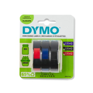 Nastri a rilievo per etichettatrici Dymo vinile Omega e Junior - 9 mm x 3 m - Assortito (blister da 3)