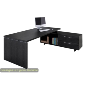 Scrivania ufficio direzionale gamba pannello + mobile di servizio - Nero venato - 225x170x74 cm