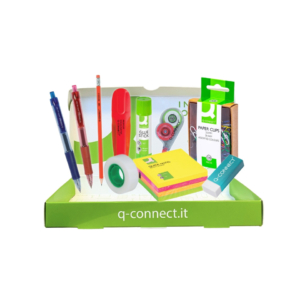 Kit dimostrativo da scrivania Q-Connect - penne gel, calcolatrice, colla, nastro adesivo, post-it, evidenziatore, correttore e segnapagina