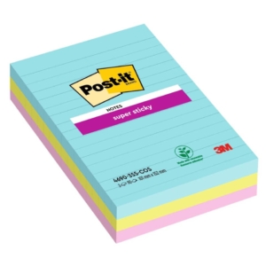 Foglietti Post-it® Super Sticky Notes a righe - Formato XXL - Miami - 100x152 mm (conf.3 blocchetti da 90 fogli Acqua, Verde, Rosa)