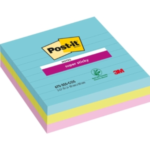 Foglietti Post-it® Super Sticky Notes a righe - Formato XL - Miami - 101x101 mm (conf.3 da 70 fogli Acqua, Verde, Rosa)