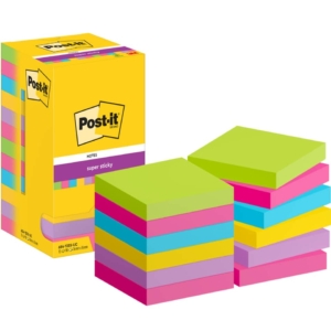 Foglietti riposizionabili Post-it® Super Sticky Ultracolor -76x76mm - turchese, malva, girasole, fucsia, lime (conf.12)