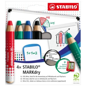 Matitoni colorati per lavagne e blocchi Stabilo MARKdry mina XXL - Colori assortiti - Astuccio Set - 648/4 (conf.4 matitoni + 1 temperino + 1 panno)