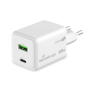 Caricabatterie rapido GaN 43W con uscita USB-A e USB-C Media Range bianco MRMA113-2