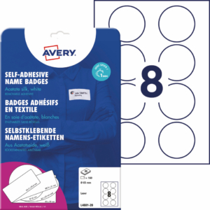Badge adesivi per tessuti rotondi Avery Ø65 mm - Bianco - 8 etichette per foglio - stampanti laser - L4881-20 (conf.20 fogli)