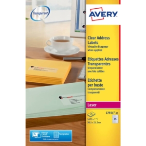 Etichette poliestere trasparenti lucide AVERY QuickPEEL™ - Laser - Trasparente - 38,1x21,2 mm - 65 etichette per foglio (conf.25 fogli)