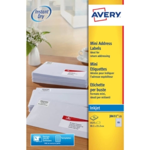 Etichette bianche per buste AVERY QuickDRY™ - Ink-jet - Bianco - 38,1x21,2 mm - 65 etichette per foglio (conf.25 fogli)