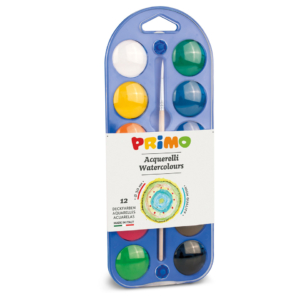 Acquerelli Ø30 mm Primo - scatola da 12+1 pennello - con coperchio tavolozza assortiti (5 scatole)