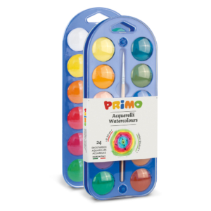 Acquerelli Ø30 mm Primo - scatola da 24+1 pennello - con coperchio tavolozza assortiti (5 scatole)