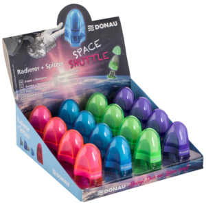 Espositore 16 gomme-temperamatite a 2 fori 2-in-1 Donau a forma di astronave in colori assortiti 16