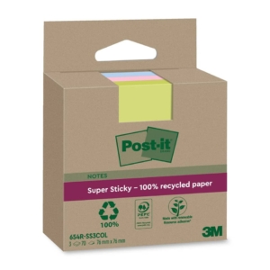 Foglietti riposizionabili Post-it®Super Sticky carta riciclata al 100% Assortiti 76x76 mm - 3 blocchetti da 70 fogli - Assortiti