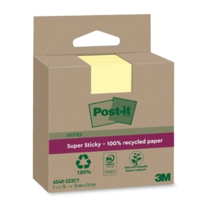 Foglietti riposizionabili Post-it® Super Sticky carta riciclata al 100% 76x76 mm Giallo Canary - 3 blocchetti da 70 foglietti
