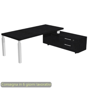 Scrivania manageriale Flora con mobile di servizio Nero venato frassino 195x170xH76,2 cm gamba sezione quadrata Bianca