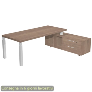 Scrivania manageriale Flora con mobile di servizio Noce arabis 195x170xH76,2 cm gamba sezione quadrata Bianca