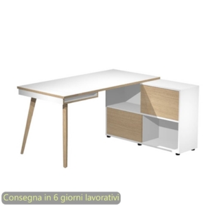 Scrivania Maxi su mobile contenitore e gambe rastremate in legno Bianco/Rovere 160x140xh.81,5 cm - 19130-DK-3C-AQ