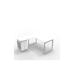 Scrivania con cassettiera sinistra piano Bianco 160x165xh.75 cm gamba ad anello acciaio Argento PractikaP2 ECSAT17S-BA-A