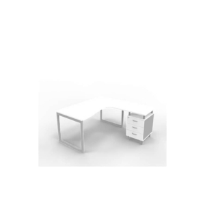 Scrivania con cassettiera a destra piano Bianco 160x165xh.75 cm gamba ad anello acciaio Argento PractikaP2 ECSAT17D-BA-A