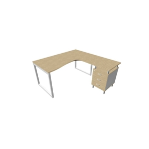 Scrivania con cassettiera a destra piano Rovere 160x165xh.75 cm gamba ad anello acciaio Argento PractikaP2 ECSAT17D-RK-A