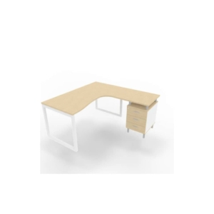 Scrivania con cassettiera a destra piano Rovere 160x165xh.75 cm gamba ad anello acciaio Bianco Practika P2 ECSAT17D-RK-I