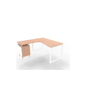 Scrivania con cassettiera sinistra piano Noce canaletto 160x165xh.75 cm gamba ad anello acciaio Bianco Practika P2