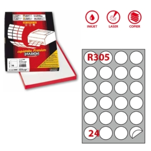 Etichette permanenti rotonde Copiatabu R305 Bianco - Laser/inkjet - 24 etichette per foglio - Markin Ø40 mm (conf.100 fogli)