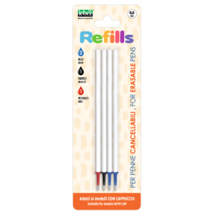 Refill inchiostro cancellabile Lebez blu, nero, rosso per penne 0,5 mm con cappuccio - 81808 (conf.12 blister da 4 refill cad.)