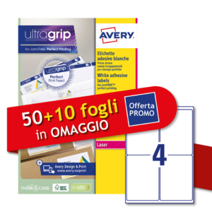 Etichette bianche Avery Ultragrip & Jamfree™ adesivo permanente laser 4 et./foglio - 99,1x139 mm (conf. 50+10 fogli OMAGGIO)