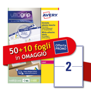 Etichette bianche Avery Ultragrip & Jamfree™ adesivo permanente laser 2 et./foglio - 199,6x143,5 mm (conf. 50+10 fogli OMAGGIO)