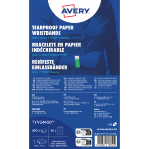 Braccialetti identificativi in Tyvek® Avery resistenti all'acqua - verde fluo - TYVGN-50 (conf.500)