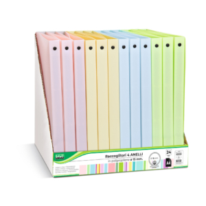 Espositore 12 raccoglitori 4 anelli Lebez in PP - A4 Ø 30 mm - colori pastello assortiti - 80982