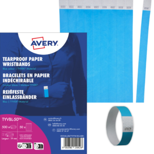 Braccialetti identificativi in Tyvek® Avery resistenti all'acqua - blu fluo - TYVBL-50 (conf.500)
