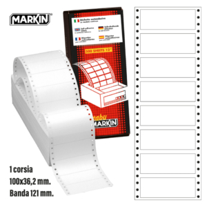 Etichette autoadesive bianche permanenti a modulo continuo 1 corsia Markin 4.000 etichette 100x36,2 mm (conf.500 fogli)