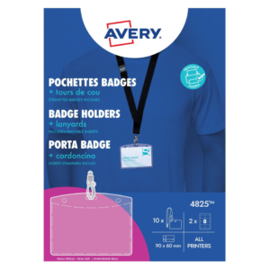 Kit 10 porta badge trasparenti 60x90 mm + 10 cordoncini neri con gancio + 16 inserti microperforati stampabili Avery