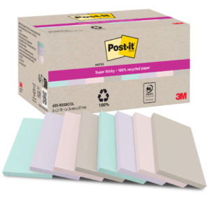 Foglietti riposizionabili Post-it® Super Sticky in carta riciclata 76x127 mm - colori assortiti (conf.8 blocchetti da 70 foglietti cad.)