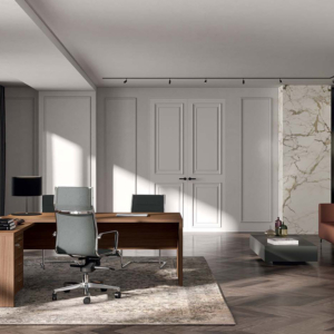 Scrivania direzionale angolare sinistra Quadrifoglio T45 Noce canaletto 192x190h.76,8 cm fianco a pannello in melaminico 38 mm