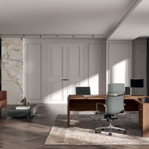 Scrivania direzionale angolare destra Quadrifoglio T45 Noce canaletto 192x190h.76,8 cm fianco a pannello in melaminico 38 mm
