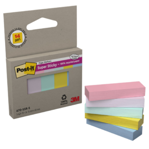 Segnapagina Post-it® Super Sticky in carta riciclata 15x50 mm - colori assortiti (conf.5 blocchetti da 70 segnapagina cad.)